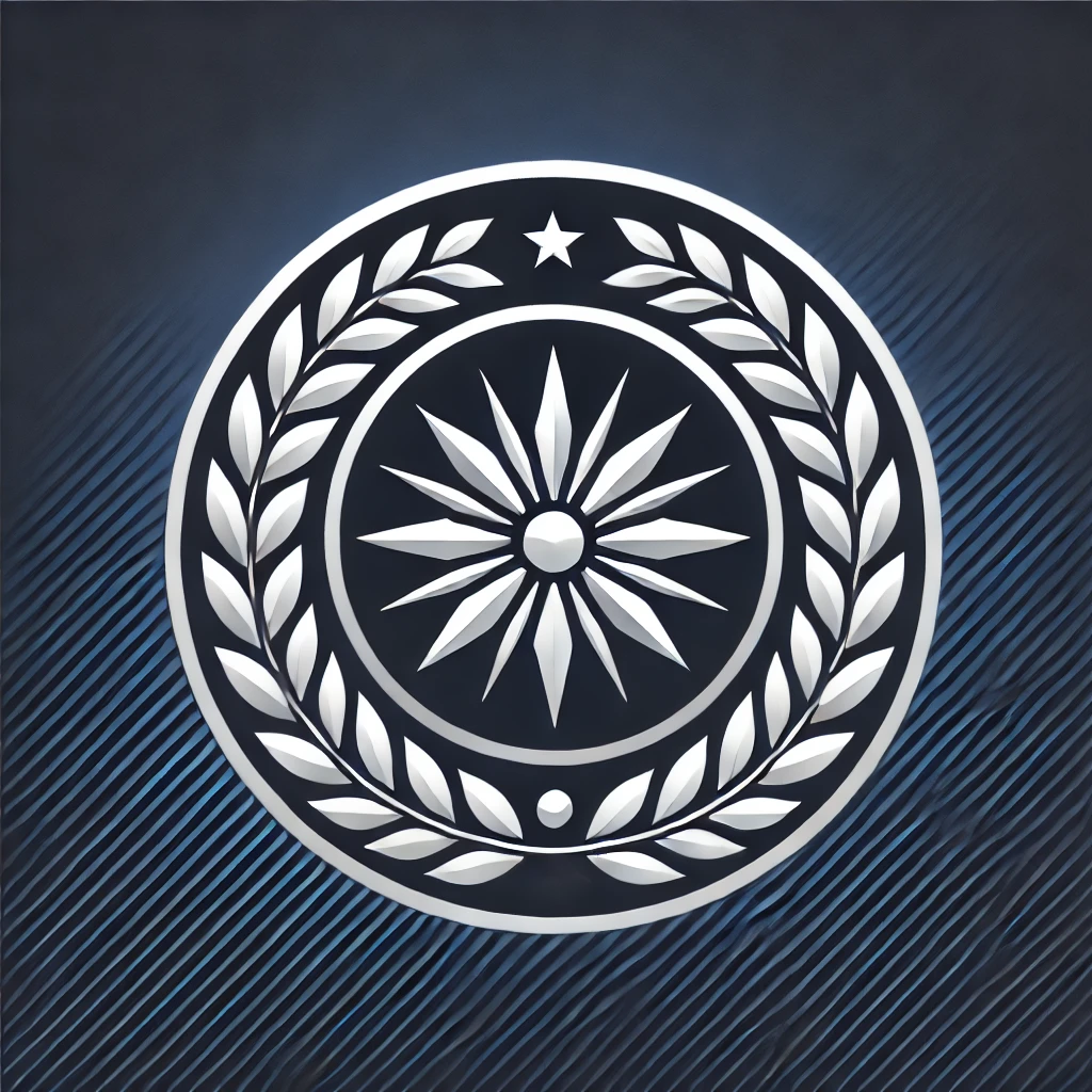 DALL·E-2025-01-15-16.08.15-A-basic-round-logo-designed-in-silver-and-navy-blue-with-no-text-or-letters.-Option-1_-A-navy-blue-background-with-a-silver-laurel-wreath-around-the-.webp